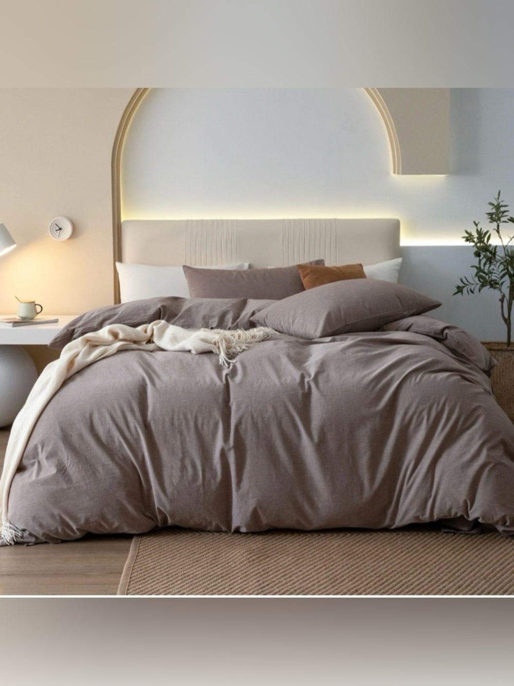 KING SIZE 100% Washed Cotton Duvet Set 3Pc Relaxed Linen Feel - MAUVE BROWN